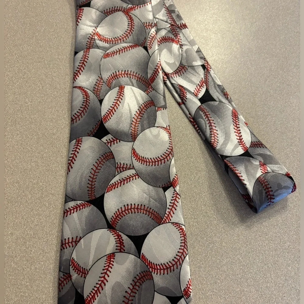 Fratello Hand Made Baseball Patterned Satin Tie Gray and Red